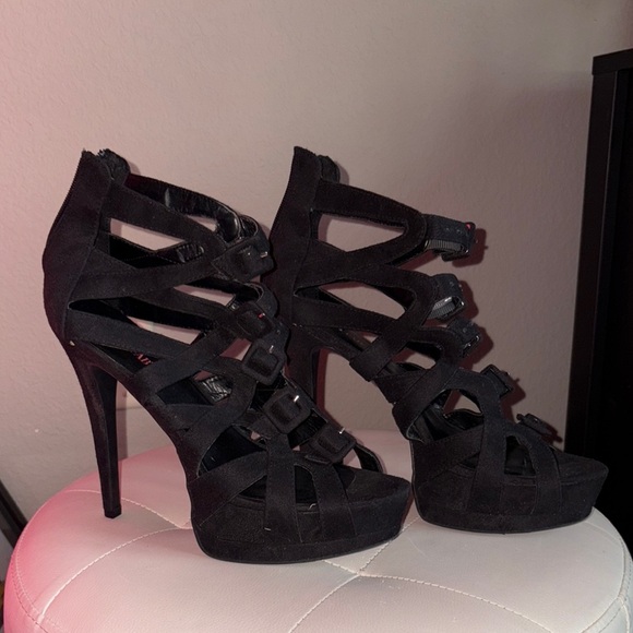 Suede Black Strappy Heels - Picture 1 of 6